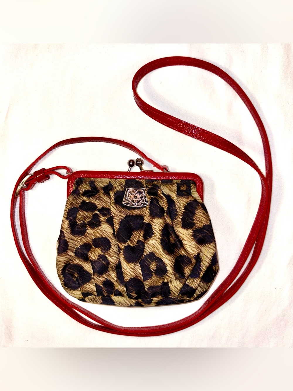 Brighton Satin Kiss Lock Mini Crossbody Leopard Print red patent leather strap